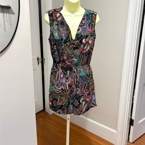 Paisley Sleeveless V-Neck Romper in Black with Teal & Purple